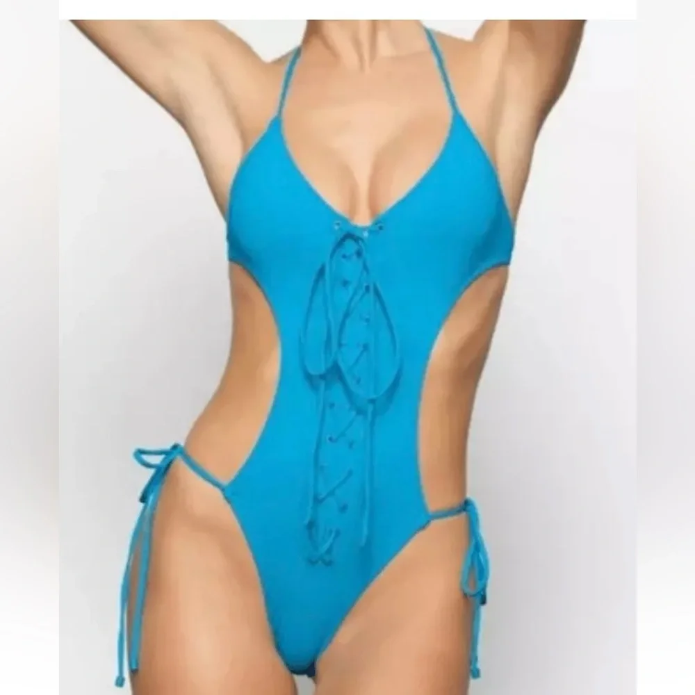 NWOT SKIMS Signature LaceUp Monokini Turquoise Kim Kardashian Swimsuit Size M